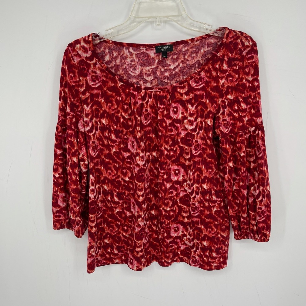 Talbots Women's Red Abstract Cheetah Animal Print V-Neck 3/4 Sleeve Top Size SP